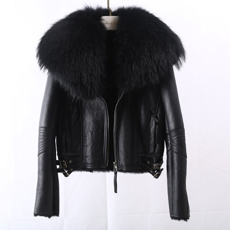 OFURTEBUY-Jaqueta de couro genuíno para mulheres, casaco shearling extragrande com forro de cordeiro, gola de pele grande e quente, inverno