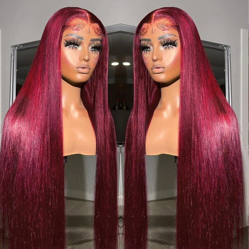 Peluca de cabello humano liso para mujer, Frontal transparente de encaje postizo, color rojo borgoña 99J, 13x6, sin pegamento