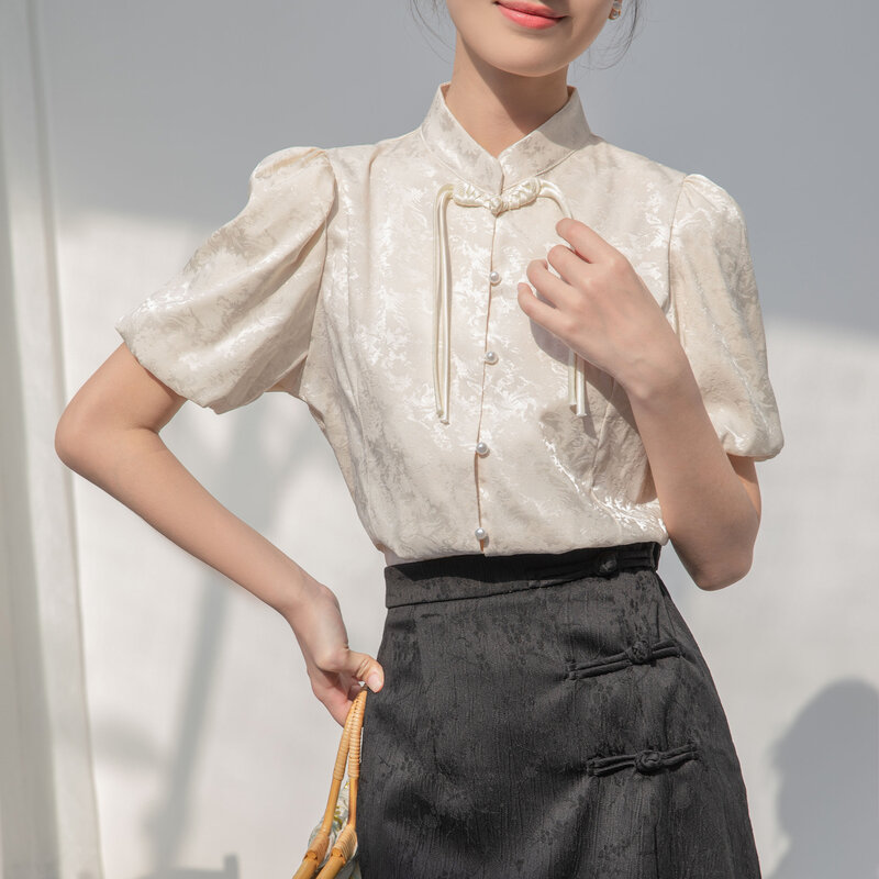 Camisa feminina em gola jacquard cetim, blusa de manga curta de botão, estilo chinês, nova, verão, alta costura, 2024