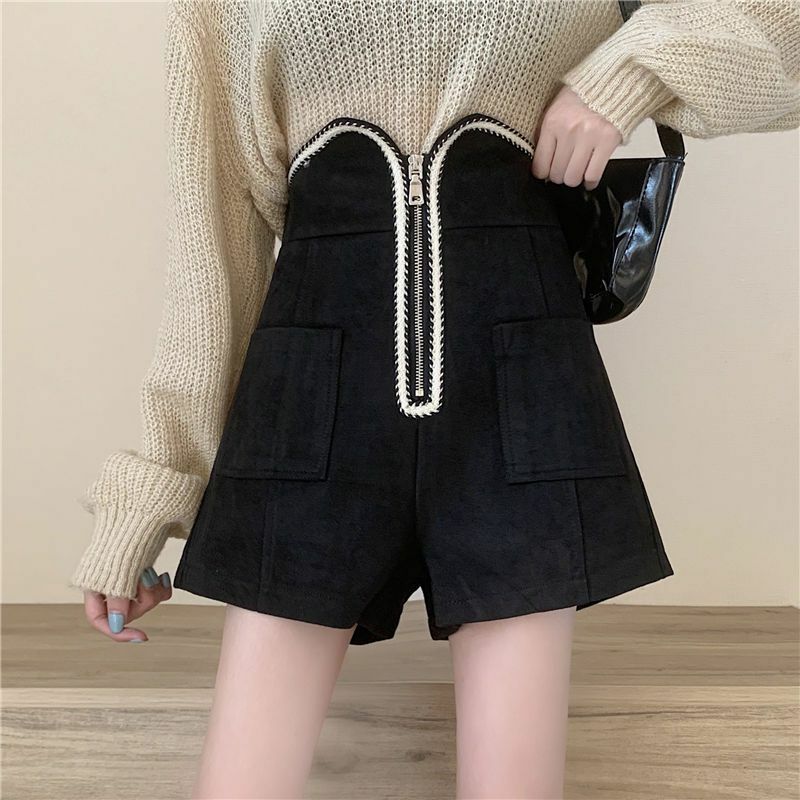 Pantalones cortos con cremallera para mujer, Shorts Vintage de Color de contraste, de cintura alta coreana, combinan con todo, Otoño e Invierno