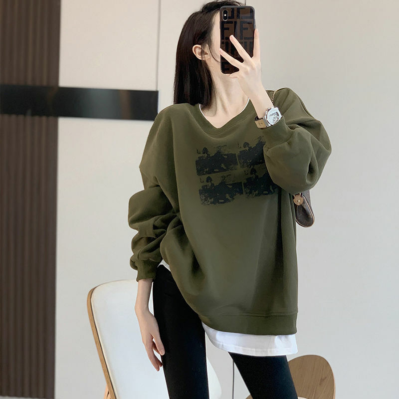 Fashion O-Neck Loose Printed Fake Two Pieces T-Shirt Women's Clothing 2023 Autumn Winter Oversized Casual Tops Commute Tee Shirt