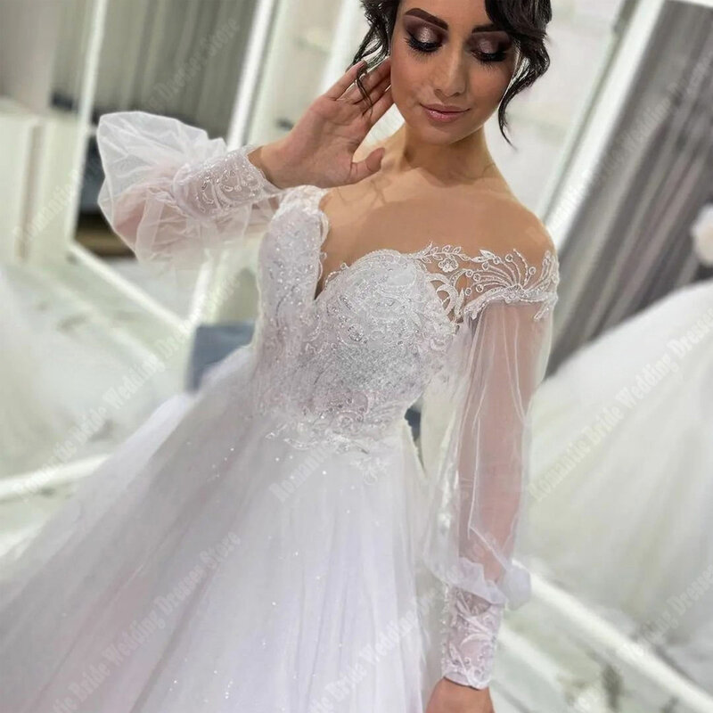 Wdzięczne damskie suknie ślubne celebrytki tiulowe suknie ślubne puszyste długie rękawy o długości księżniczki Vestidos De Novia