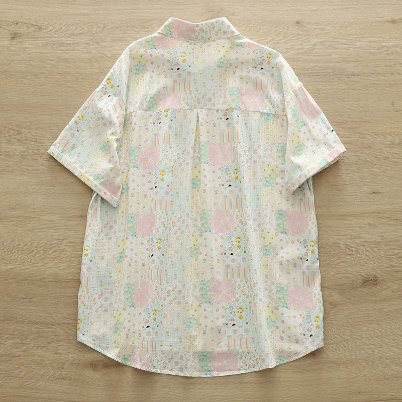 Harajuku moda patchwork camisas e blusas estampadas para menina, 100% fios de algodão, desenhos animados estampados tops, estilo japonês, verão