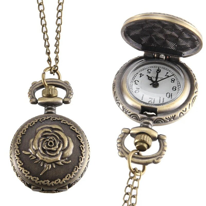 Винтажные карманные маленькие часы, кварцевые часы в стиле стимпанк с цепочкой, полый корпус в форме сердца, ожерелье, бронзовый цвет, сплав, часы-брелок, мужской подарок
