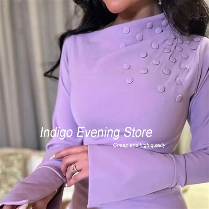 Indigo Prom Dress Mermaid 2024 Long Sleeve O-Neck Pleat Satin Tea-Length Button Simple Elegant Evening Gown For Women فساتين الس