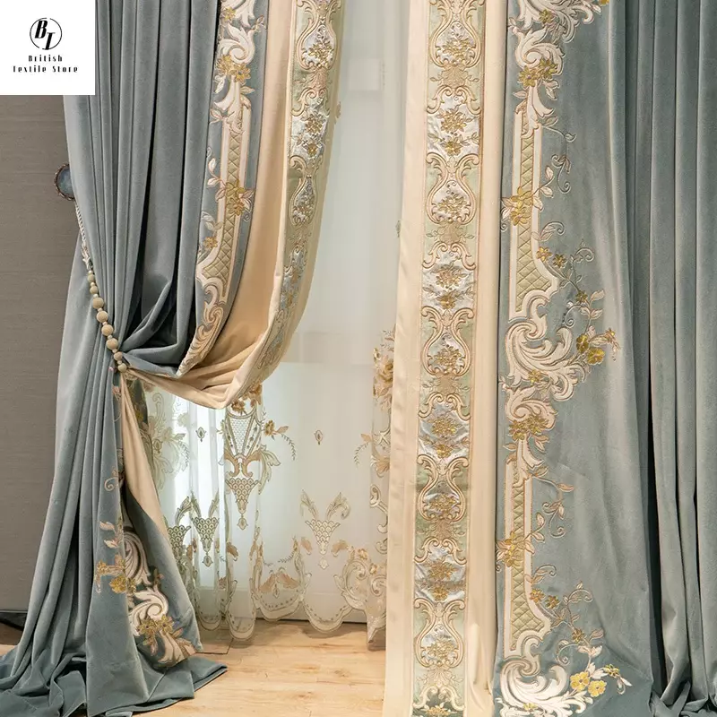 European Embroidered Thickened Blackout Blue Velvet Curtains for Living Room Bedroom Blackout Dining Lace Luxury Valance Tulle