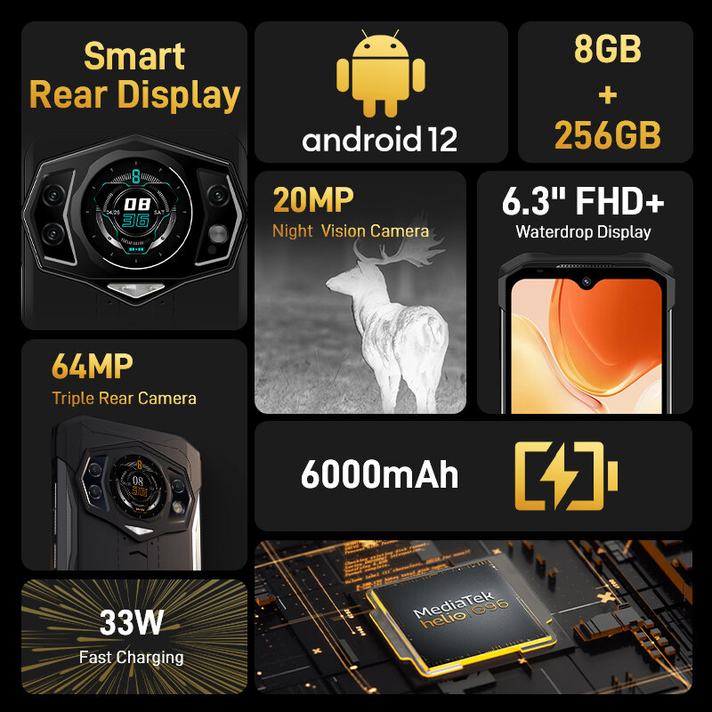 DOOGEE S98 견고한 휴대폰, 6.3 인치 LCD FHD 디스플레이 다이얼, 후면 G96 옥타 코어, 8 + 256GB 64MP 카메라 스마트폰, 6000mAh 휴대폰