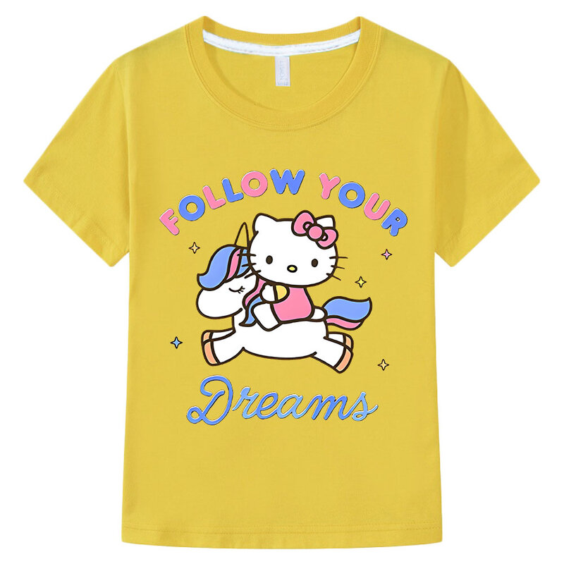 T-shirt de manga curta de algodão para meninas, design cartoon, siga o seu hello kitty, estilo kawaii, verão