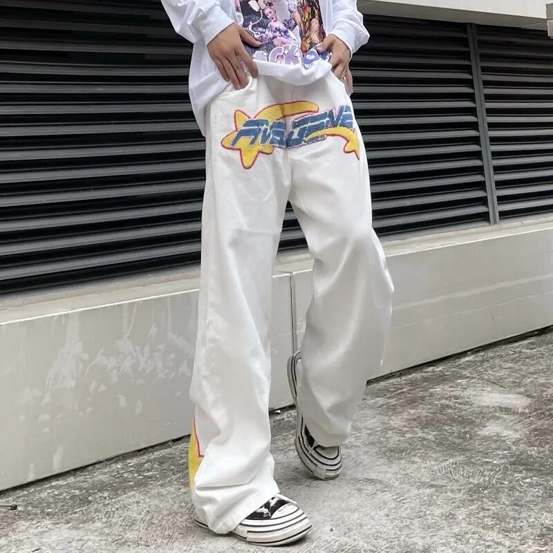 Джинсы Y2K мужские с вышивкой, брюки из денима в стиле ретро, с широкими штанинами, повседневные уличные штаны свободного покроя, с надписью