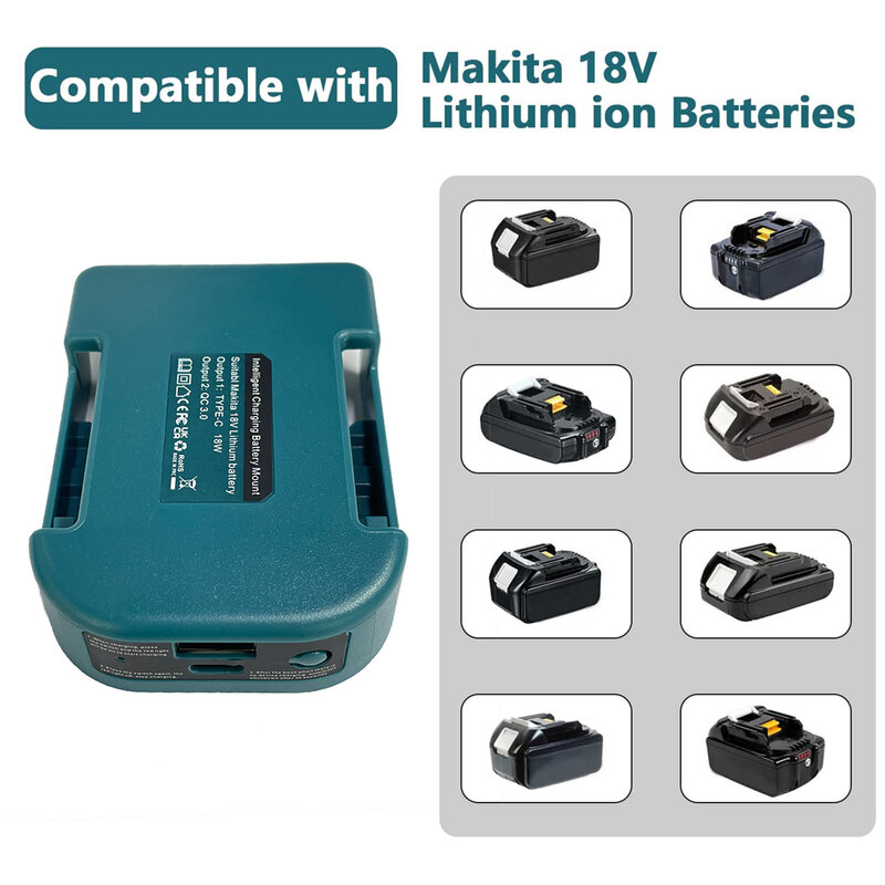 Adaptador de carregador portátil compatível para Makita, Li-ion com USB, suporte de bateria tipo C, carregamento rápido, Dewalt, Milwaukee, 18V