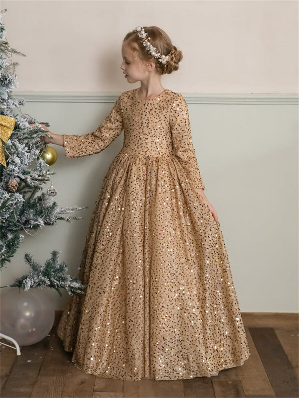 Exquisite Sequin Crew Long Sleeve Flower Girls' Dresses Corset Sparkly With Wedding Floor-Length Zipper Formal Party Gowns