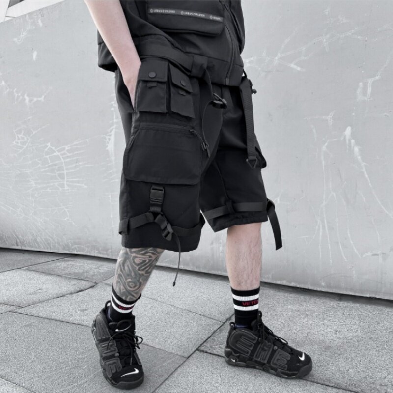 2024 Summer Men Multi-pocket Streamer Patchwork Tactical Cargo Shorts Y2K High Street Techwear Cropped Pants pantalones шорты
