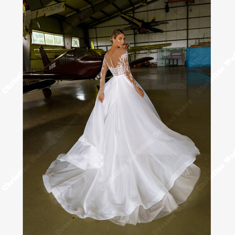 Gaun pernikahan A-Line putih murni dari bahu mengepel panjang gaun pengantin applique Modern Tulle halus Vestidos De Novias