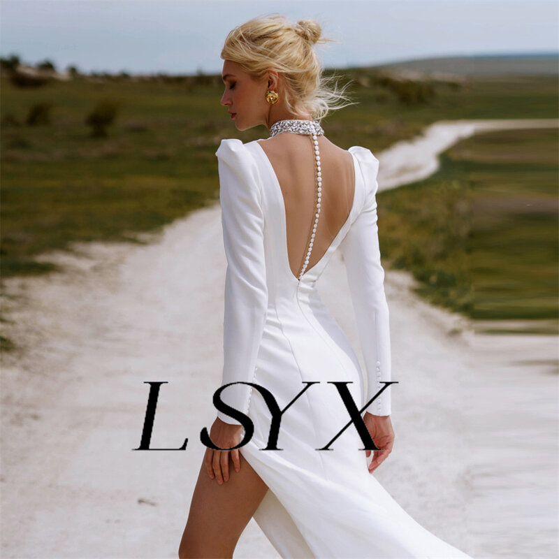 Lsyx ชุดเดรสแต่งงานทรงนางเงือกแขนพองยาวประดับพลอยเทียมมีกระดุมด้านหลังทรงผ่าข้างชุดเจ้าสาว