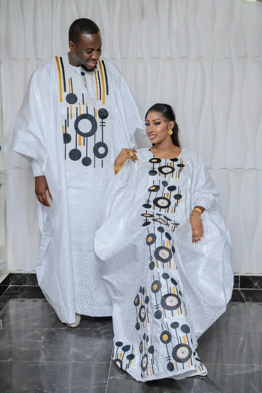Gaun Afrika untuk wanita Bazin Riche desain bordir gaun panjang lantai dengan syal desain pasangan modis