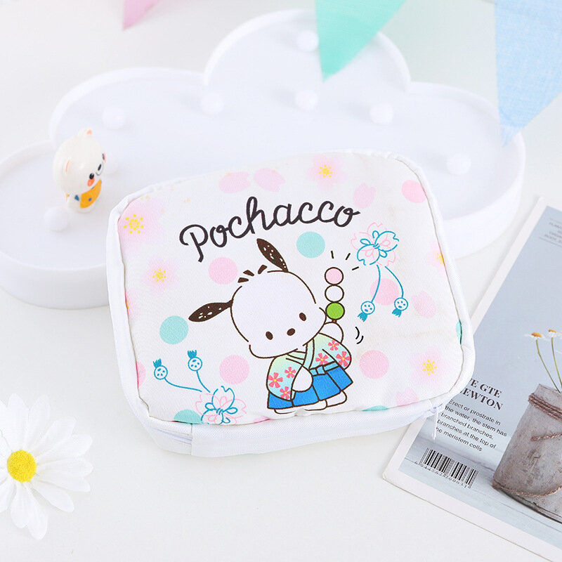 Sanrio-Pochacco Cinnamoroll, bolsa de servilletas sanitarias con cremallera, monedero de Anime para niña, estudiante, almacenamiento portátil, billetera de tela de lona, regalo