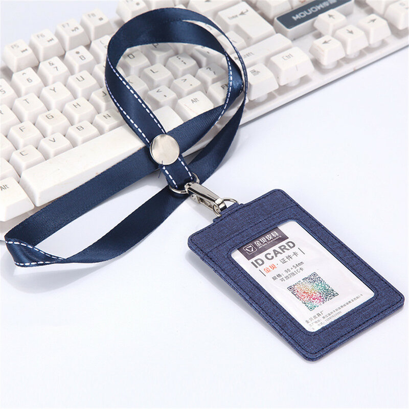 PU Leather Student Staff Work ID Holders Case Women Men Business Badge License Card Holder with Lanyard School Office Supplies