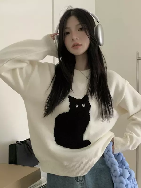 일본 귀여운 만화 고양이 니트 점퍼, 따뜻한 스웨터, 느슨한 빈티지 니트 패션 탑, 카와이 소녀 겨울 신상