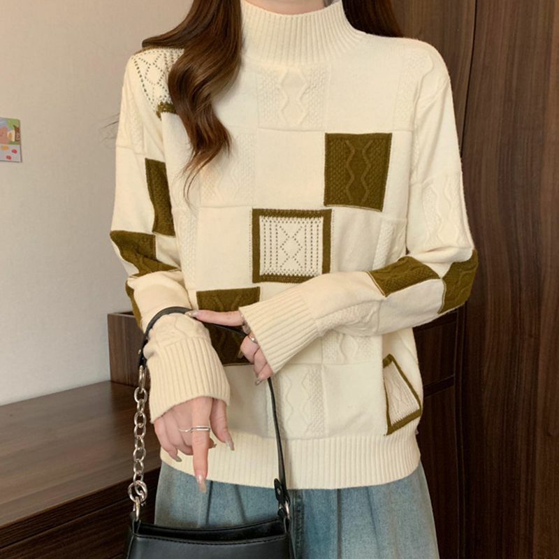 Commute Korean Plaid Spliced Jumpers Autumn Winter Women's Clothing Jacquard Weave Stylish Screw Thread Loose Knitted Sweaters