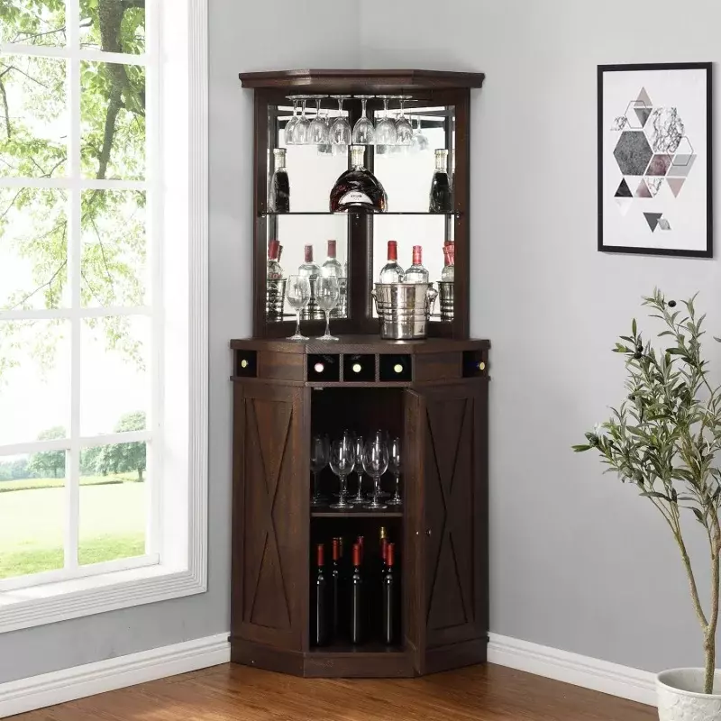 Home Source 73" Tall Corner Storage Cabinet with Wood Doors, Wine Rcak, Liquor Glass Holder, Glass Design Large Rustic Bar Hutch