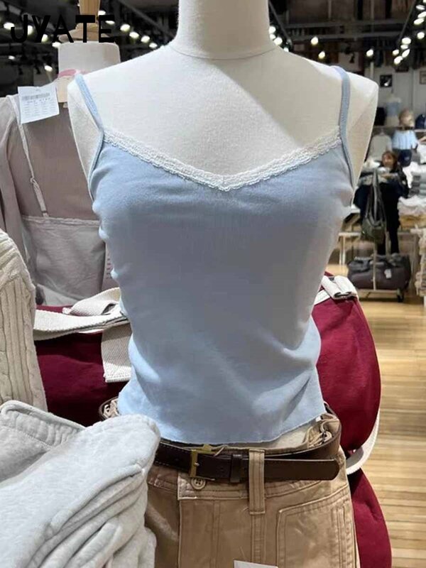 Sweet Blue Lace Trim V-neck Camisole Women Summer New Cotton Casual Basic Slim Sleeveless Vests Cute Preppy Simple Tank Tops Y2K