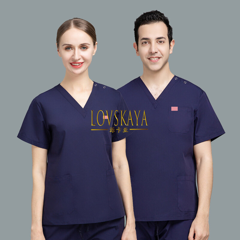 Костюм для медсестры тонкий с коротким рукавом и разрезом, униформа синего цвета для стоматологии, стоматологии, пластической хирургии, больничная Рабочая форма