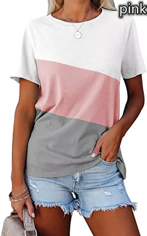 Camiseta casual de manga curta para mulher, colorida, gola redonda, algodão underlay, monocromática, roupa solta, moda, verão, 2023