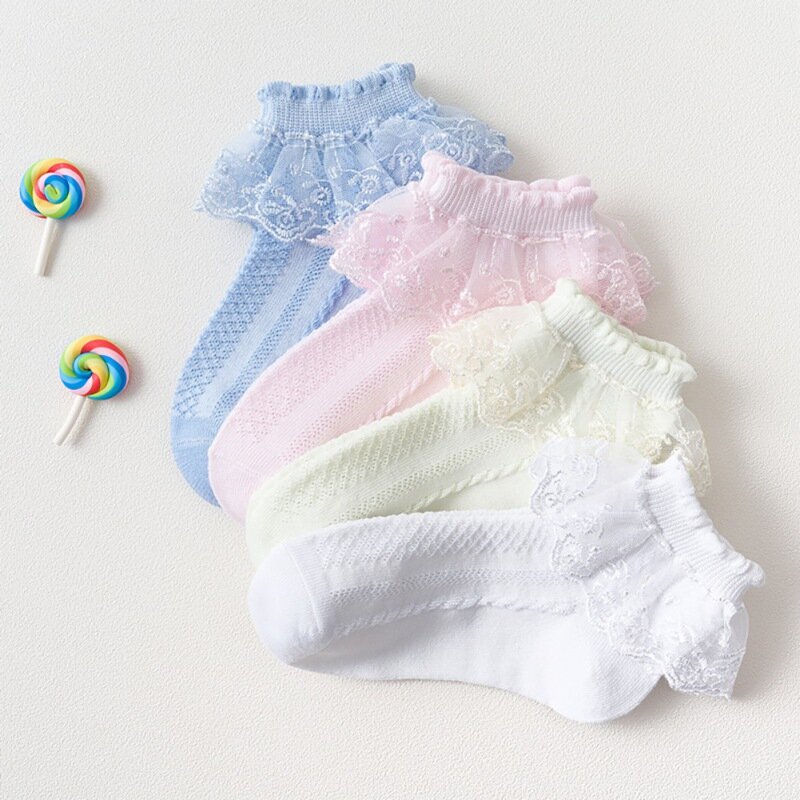 Calcetines tobilleros de malla con volantes de encaje para niñas, medias de princesa, transpirables, de algodón, color blanco y azul, de 1 a 12 años