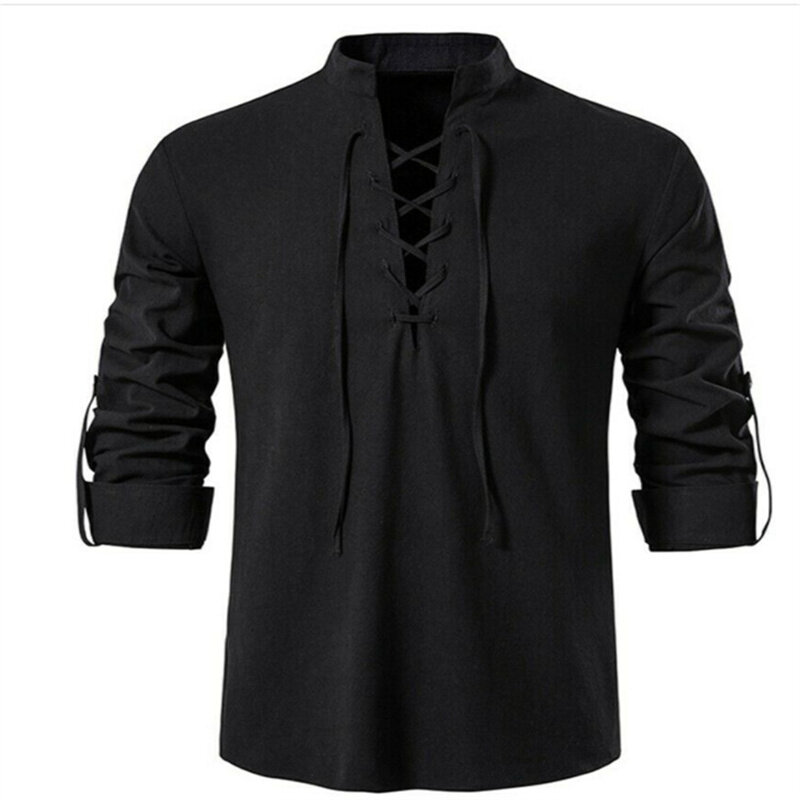 2022 New Men's V-neck shirt T-shirt Fashion Vintage Thin Long Sleeve Top men Casual Breathable  Front Lace Up man Shirts