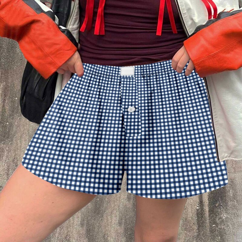 Calça curta feminina solta elástica de cintura alta, short quadriculado feminino, botão frontal, moda verão, casual, 2024
