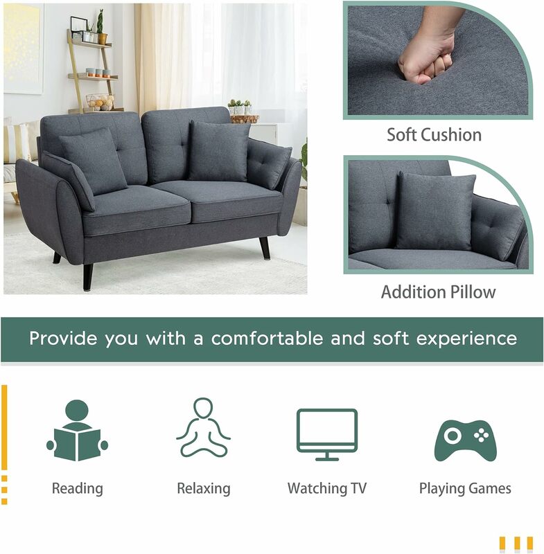 Sofá moderno Loveseat, sofás do meio do século para a sala de estar, assentos estofados do amor de 2 assentos com descanso, sofá pequeno do espaço, 63"