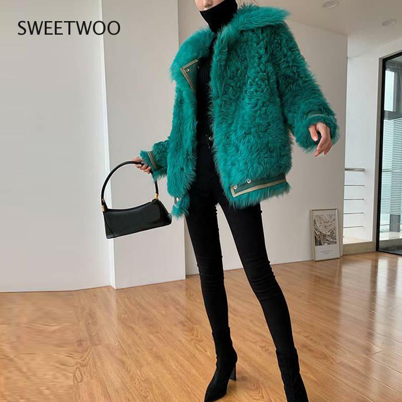 여성을위한 가짜 모피 양모 코트 겨울 패션 모직 코트 여성 따뜻한 턴 다운 칼라 Outwear Sheep Shearing New Jacket 2022