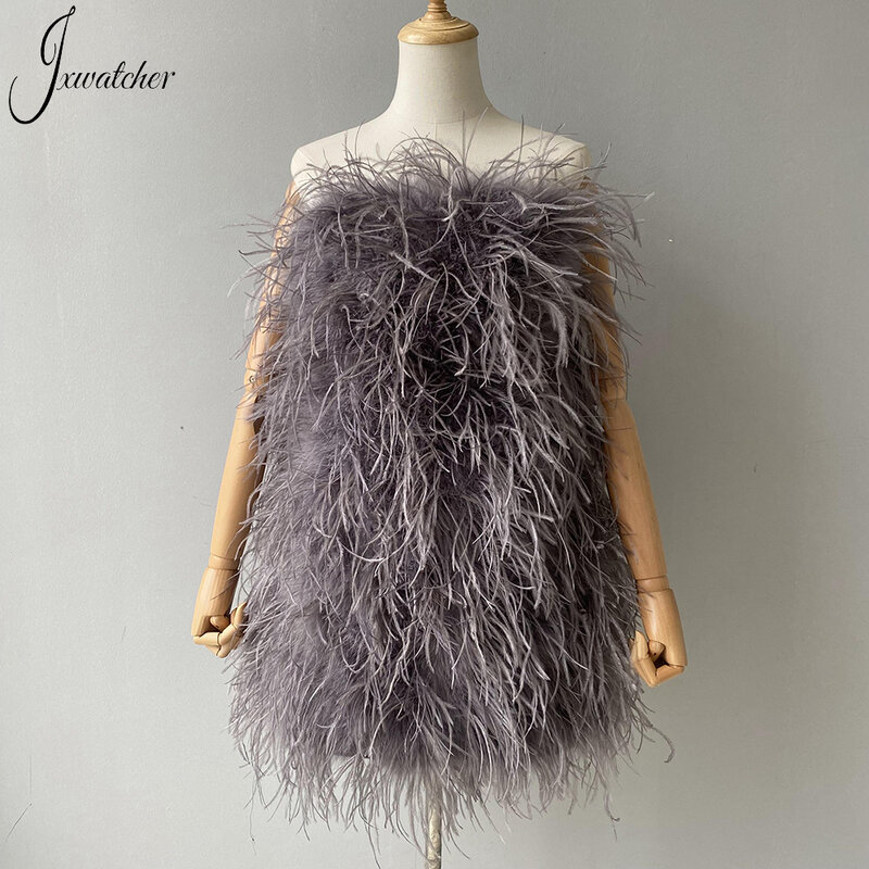 Jxwatcher Women Real Ostrich Feather Chest Wrapping Dress 2022 New Fashion Sexy Mini Cocktail Dresses Lady Strapless Prom Dress