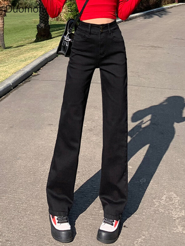 Duomofu Black Chicly High Waist Slim Straight Female Jeans Spring Basic Full Length Loose Fashion Zipper Solid Color Women Jeans