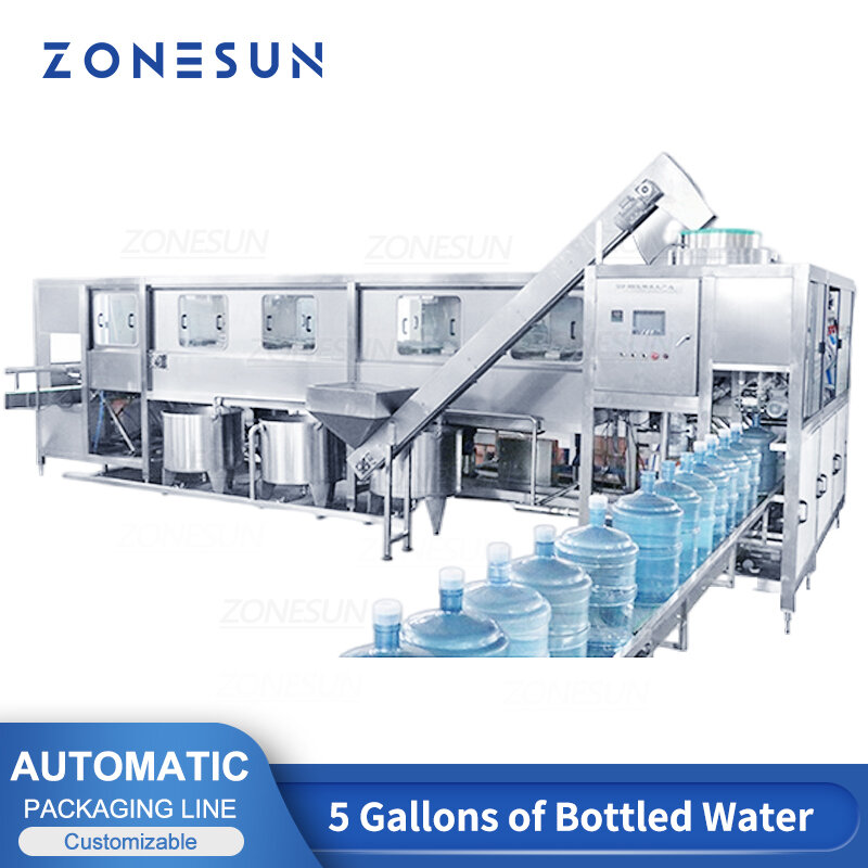 ZONESUN ZS-AFMW 900 BPH 5 غالون الحيوانات الأليفة آلة تعبئة المياه المعبأة في الزجاجات تغليف مانع للتسرب خط تصنيع الإنتاج الضخم