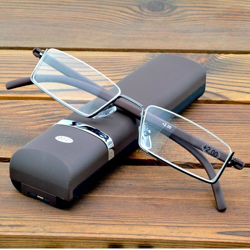 Up 하프 림 합금 브라운 프레임 휴대용 안경 멀티 코팅 렌즈 패션 독서 안경 + 0.75 ~ + 4 케이스 포함