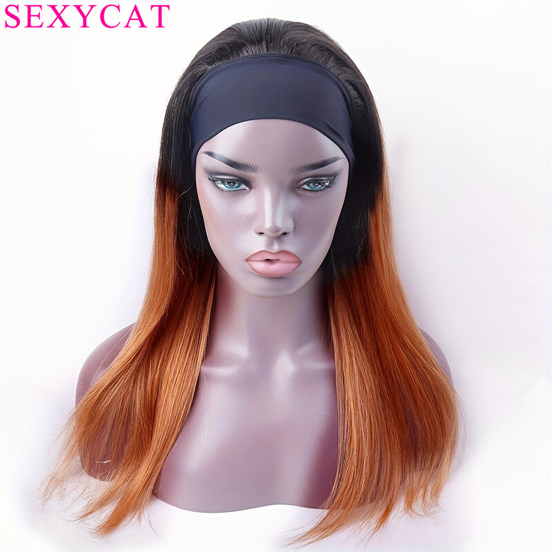 SexyCat Highlight Headband Wigs Human Hair for Black Women 1B/30 Straight Headband Brazilian Wigs Glueless None Lace Front Wigs