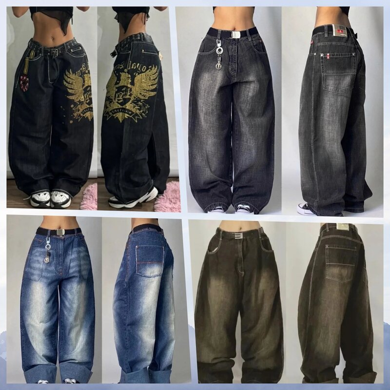 Jeans largos estampados de grandes dimensões para mulheres, Harajuku gótico, calça casual reta de perna larga, cintura alta, moda de rua retrô, nova, Y2K, 2024