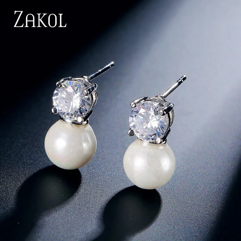 ZAKOL Trendy Round Simulated Pearl Stud Earrings Necklace Set for Women Simple Sliver Color Cubic Zircon Bridal Party Jewelry