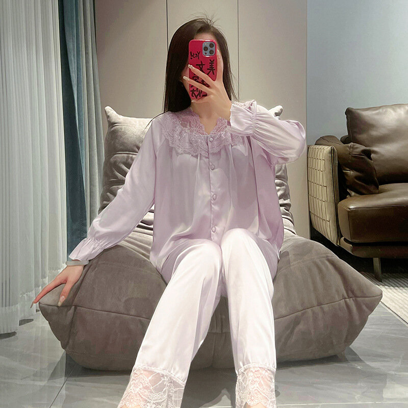 Long Sleeved Cardigan Pants Sleepwear Sexy Lace V-Neck Pajamas Casual Loose Fit Nightwear Two-Piece Princess Style Loungewear