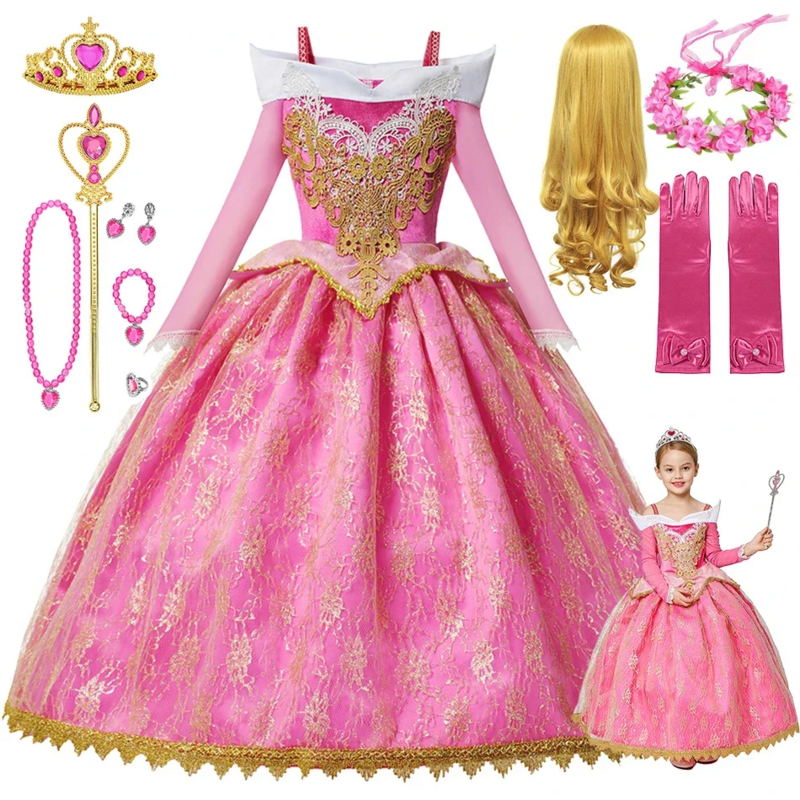 Disney Girls Princess Dress Kids Sleeping Beauty Aurora Elsa Rapunzel Mermaid Halloween Costume Children Birthday Party Dress