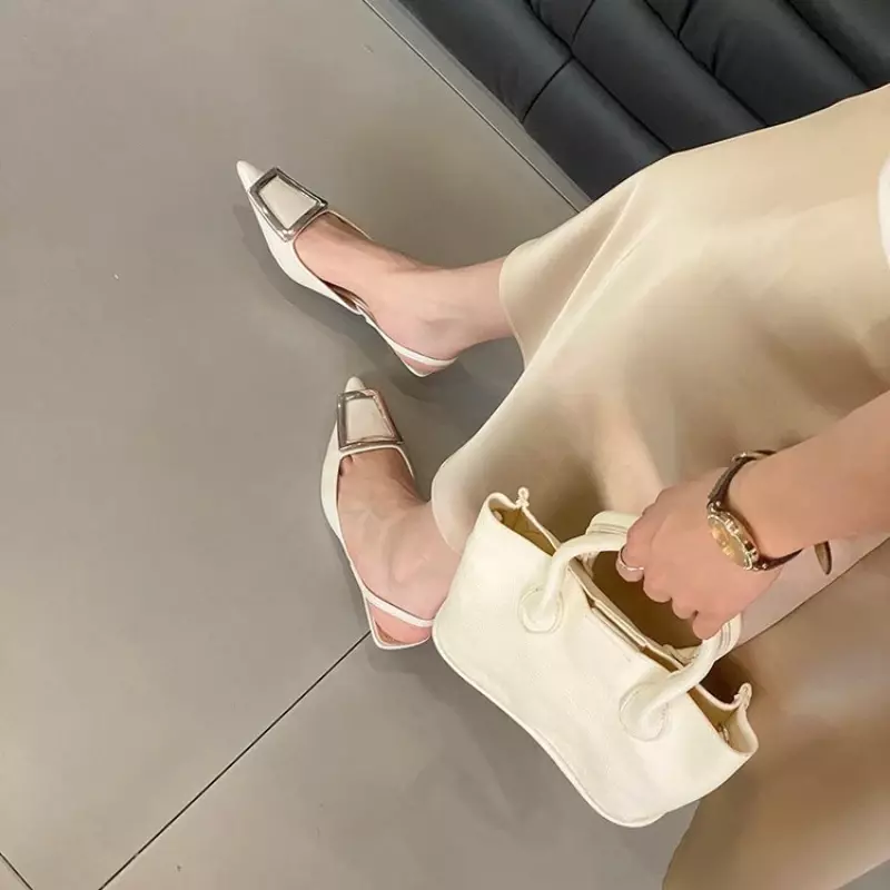 Sandalias de punta estrecha con hebilla de Metal para mujer, zapatos elegantes de tacón alto para vestir al aire libre, verano, 2024