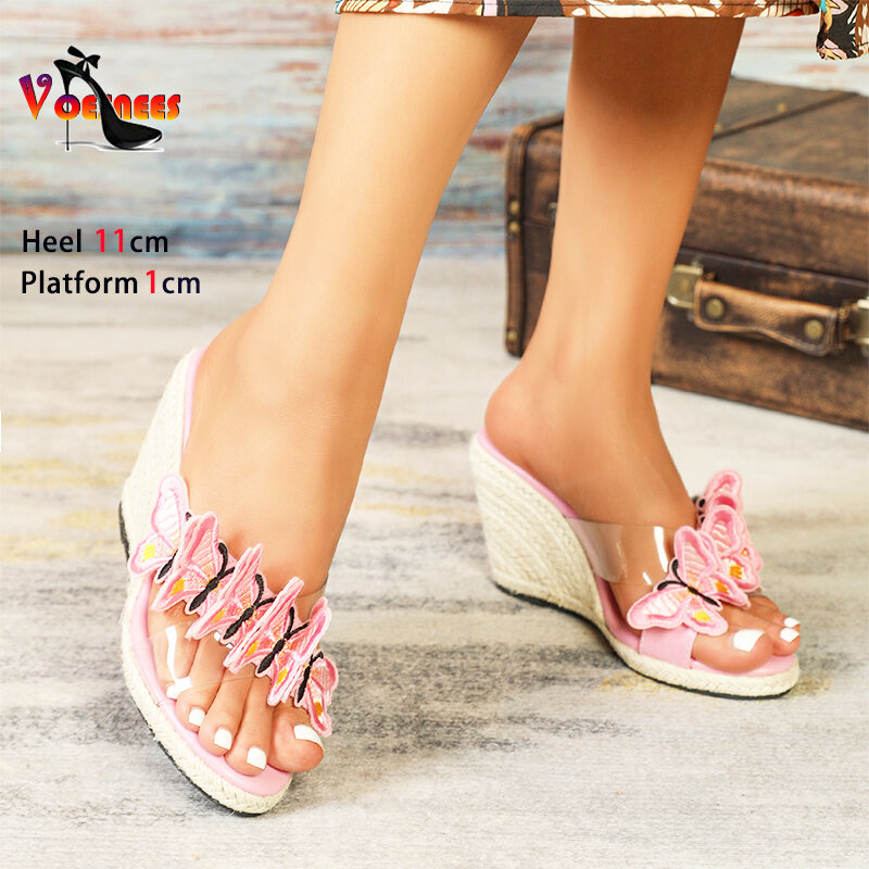 여성용 투명 PVC 하이힐 슬리퍼, 나비 무대 모델 캣워크 신발, 11cm 웨지 플랫폼 샌들, 여름 패션