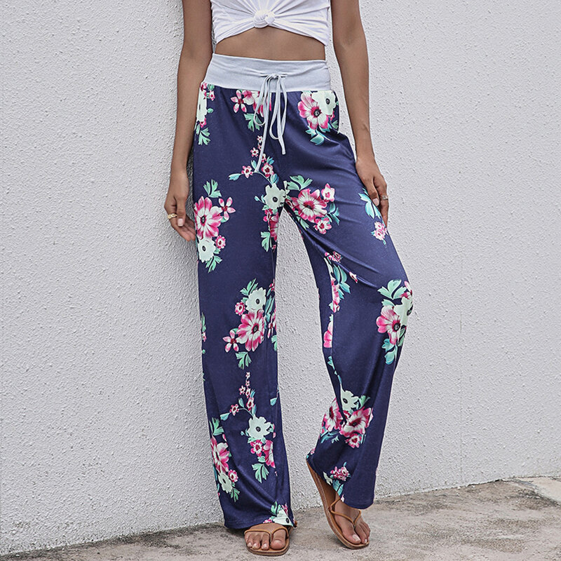 Women's Casual Loose Fit Palazzo Pants for Summer Floral Print Wide Leg Trousers Drawstring Waist Black/Gray/Blue
