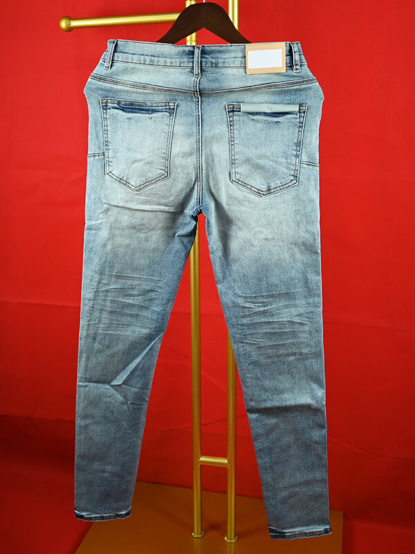Nieuwe Mode Paarse Roca Jeans Man Met Noodlijdende Patches Mode Reparatie Laagbouw Skinny Denim Broek 28-40 Maat