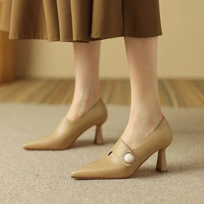 Sapatos de salto de alta qualidade marrom claro para mulheres, Lady Classic Comfort Elegantes Saltos Pretos, Outono, Moda Primavera, Senhora