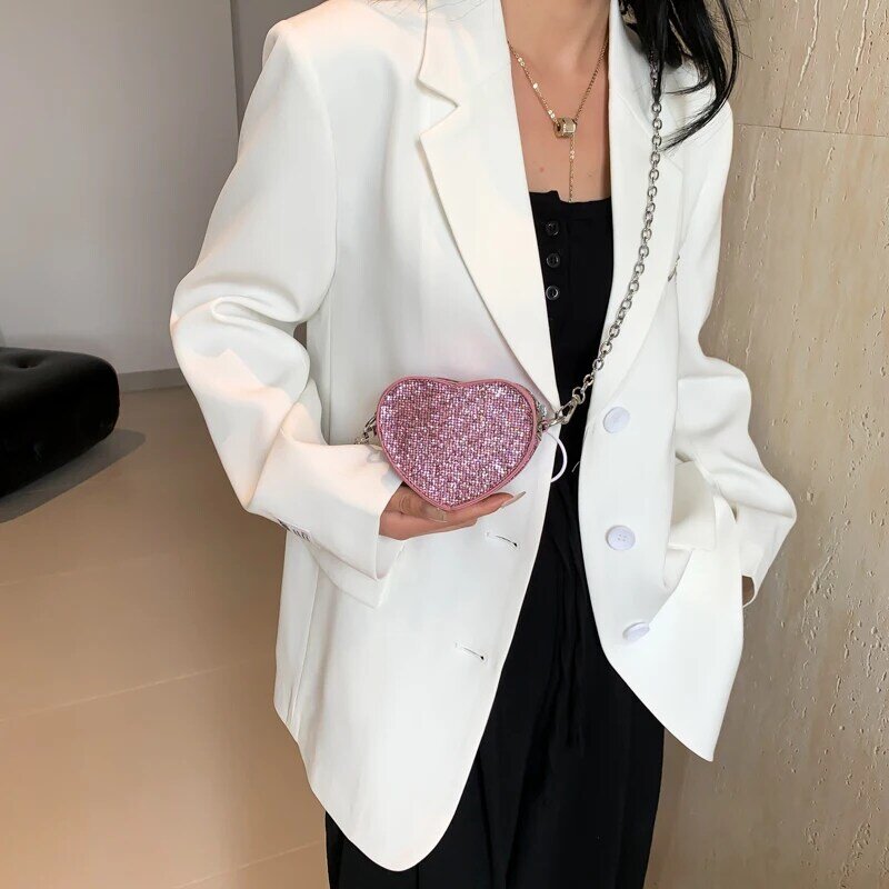 Tas bahu bentuk CINTA Mini lucu, tas tangan dan dompet wanita, tas selempang payet kulit PU trendi 2024
