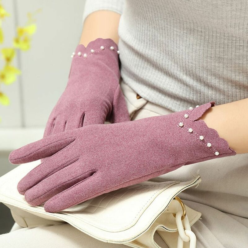 Women Pearl Elegant Thin Windproof Touch Screen Gloves Mittens Cycling Gloves
