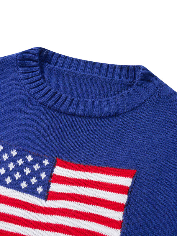 Suéter Vintage Y2k para mujer, sudadera informal de manga larga con cuello redondo, Jersey de punto suelto con estampado de bandera de EE. UU., suéter a rayas Preppy