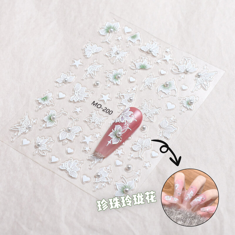 5d Reliëf Nail Art Stickers Witte Parels Semi-Transparante Bloemen Sterren Zelfklevende Sliders Nagel Stickers Decoratie Manicure